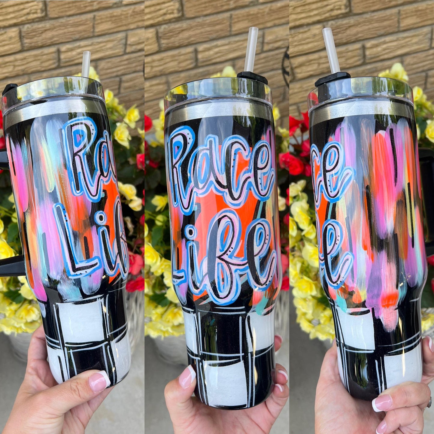 Checkered Race Life/Wife/Mama Painted cup