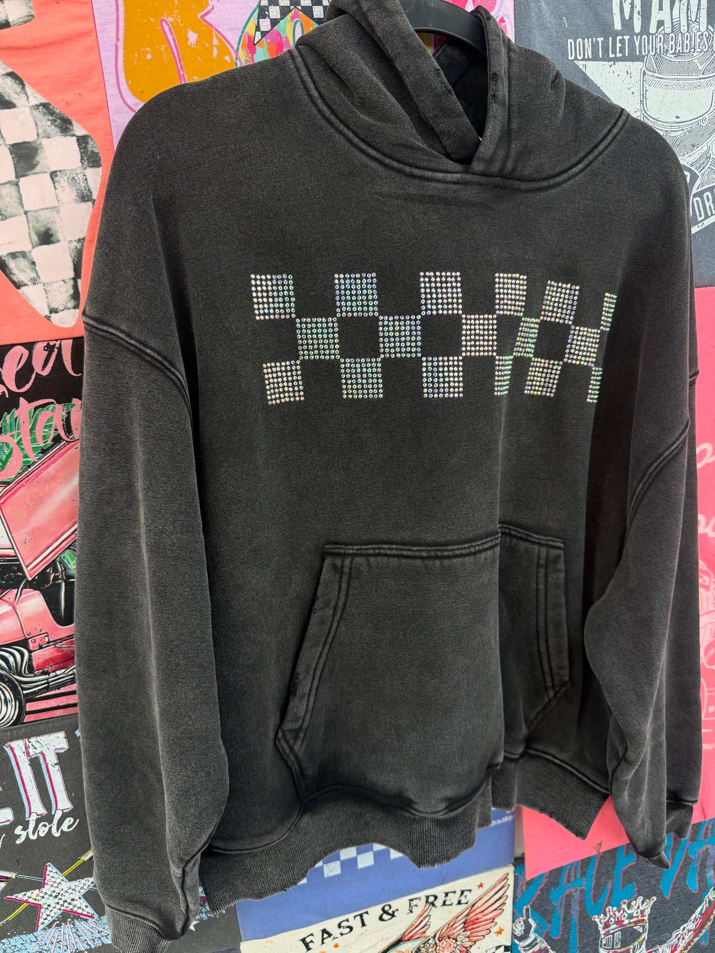 Checker Rhinestone Oversized Hoodie