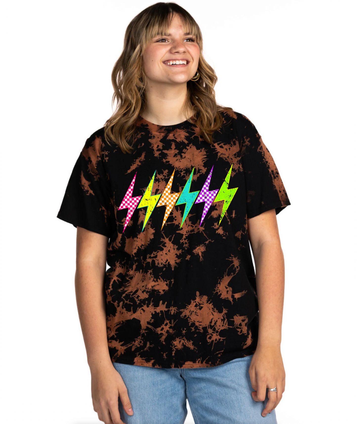 Multi Checkered Bolt Bleach Dyed T-Shirt