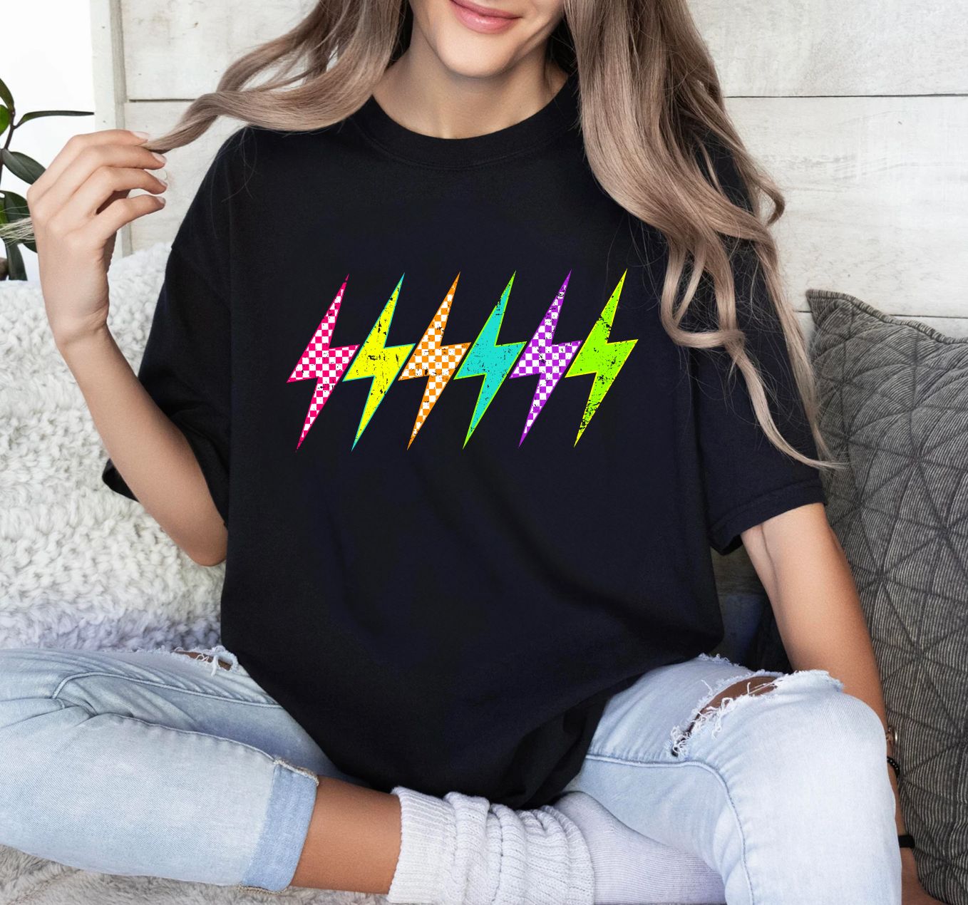 Multi Checkered Bolt Black T-Shirt