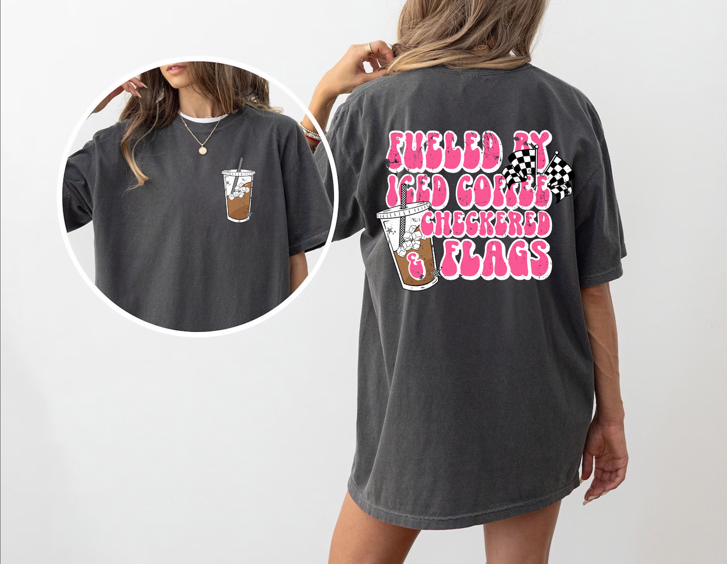 "Fueled By Iced Coffee & Checkered Flags" Tee