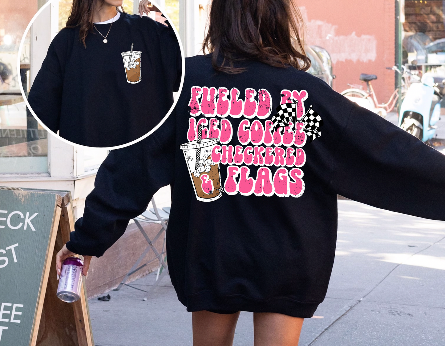 "Fueled By Iced Coffee & Checkered Flags" Crewneck