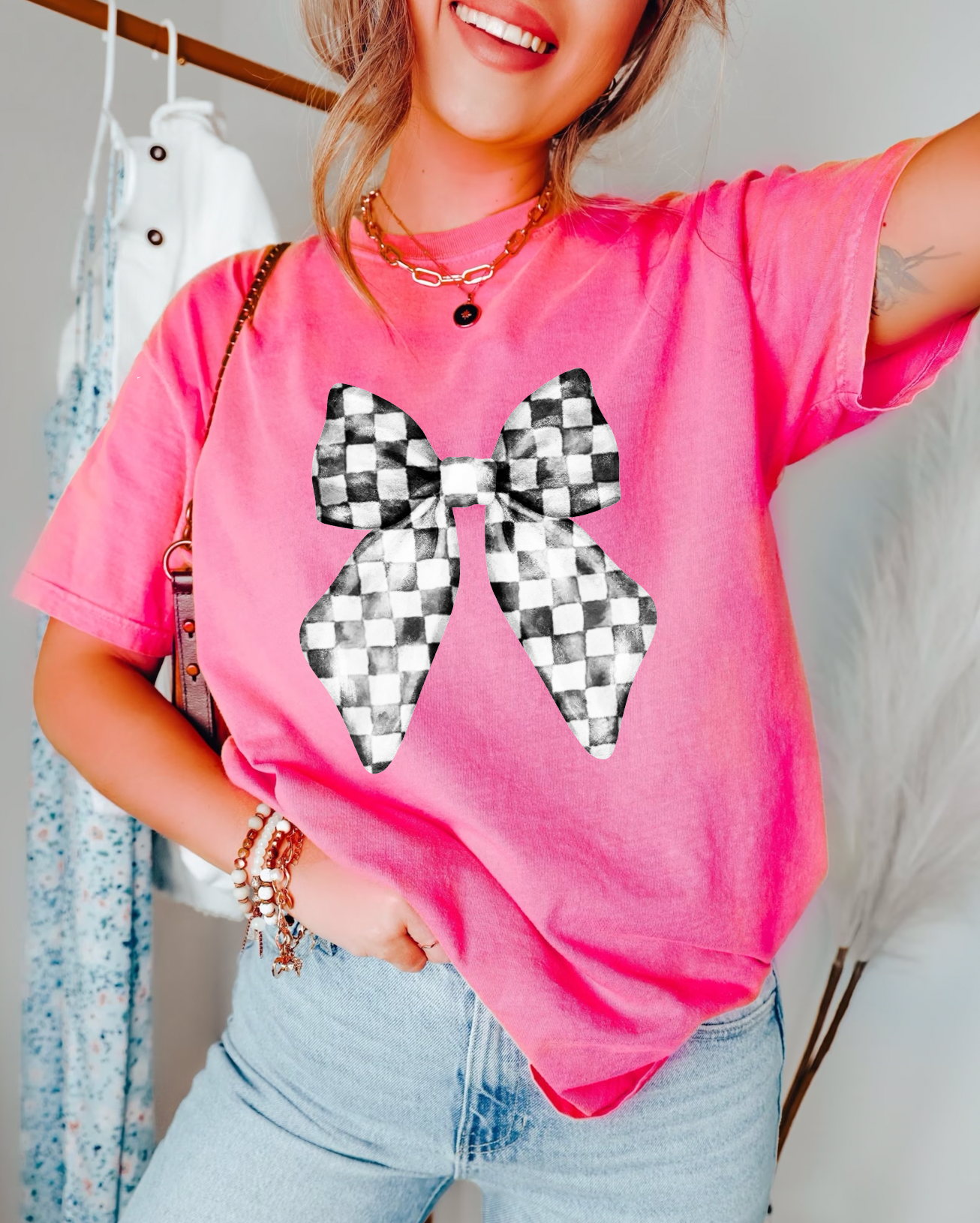 Black & White Checkered Bow Tee