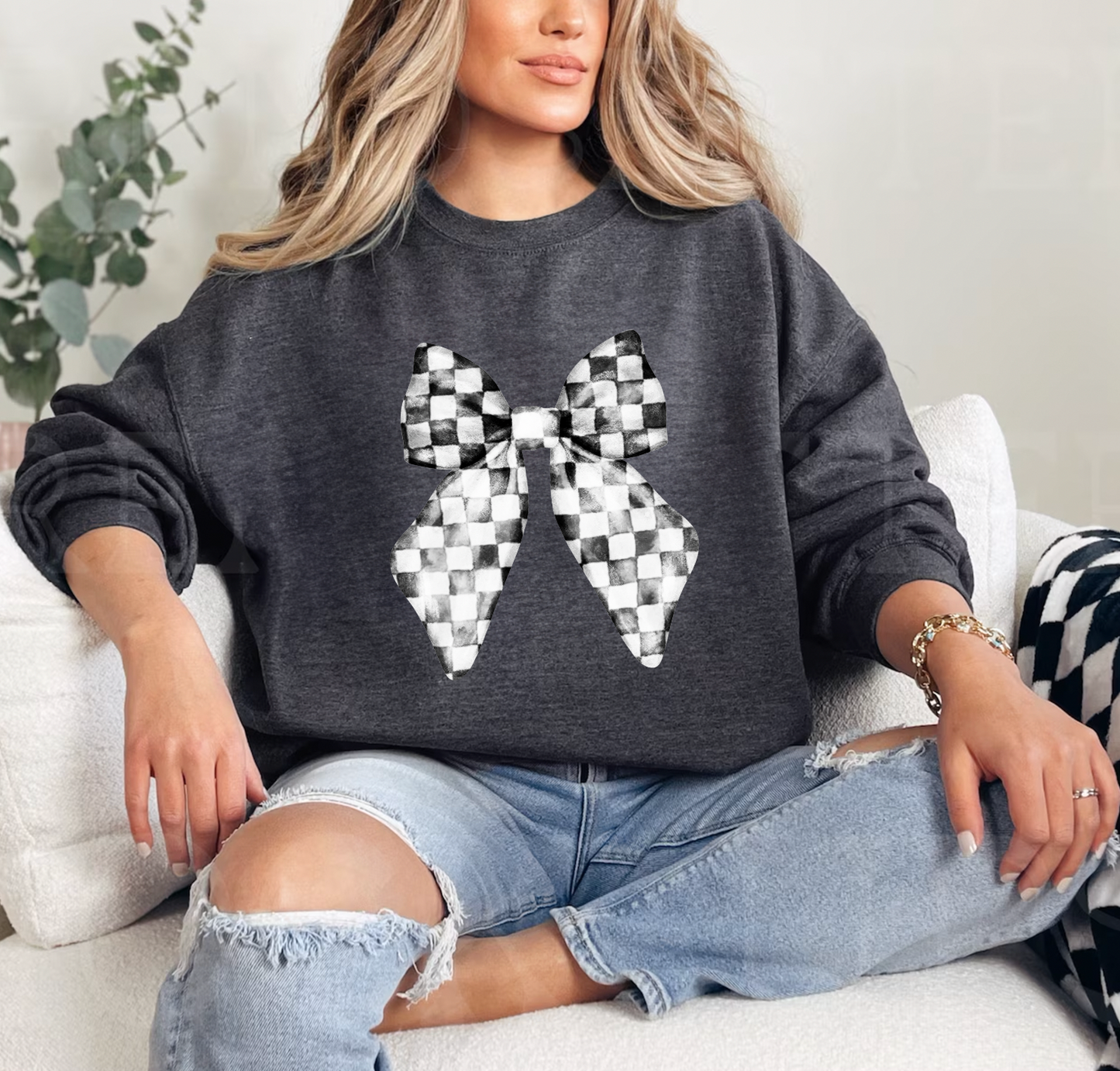Black & White Checkered Bow Crewneck