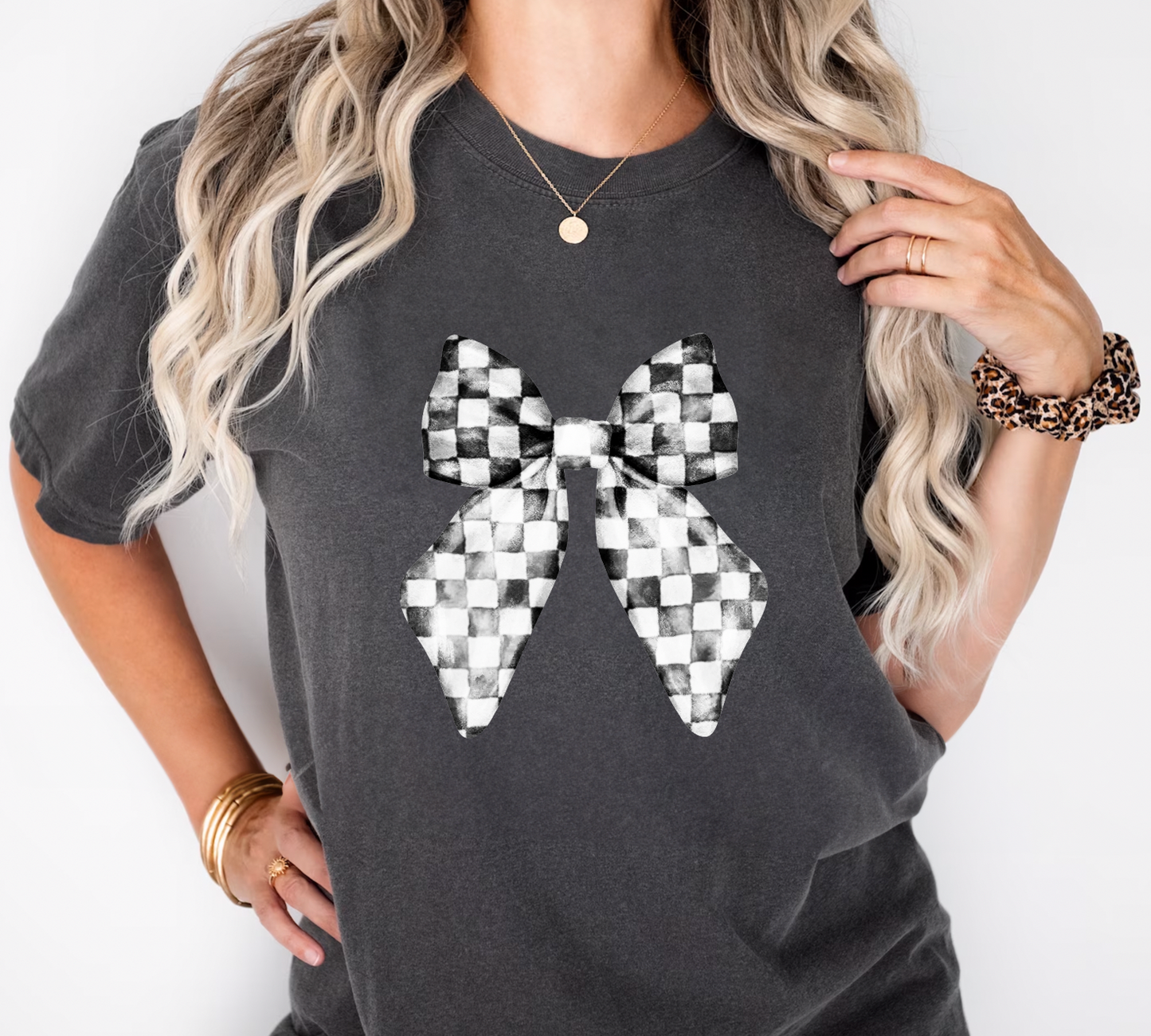 Black & White Checkered Bow Tee