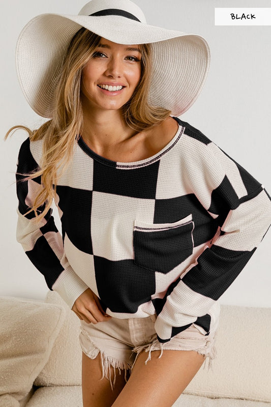 Checkered Long Sleeve Top with Front Pocket