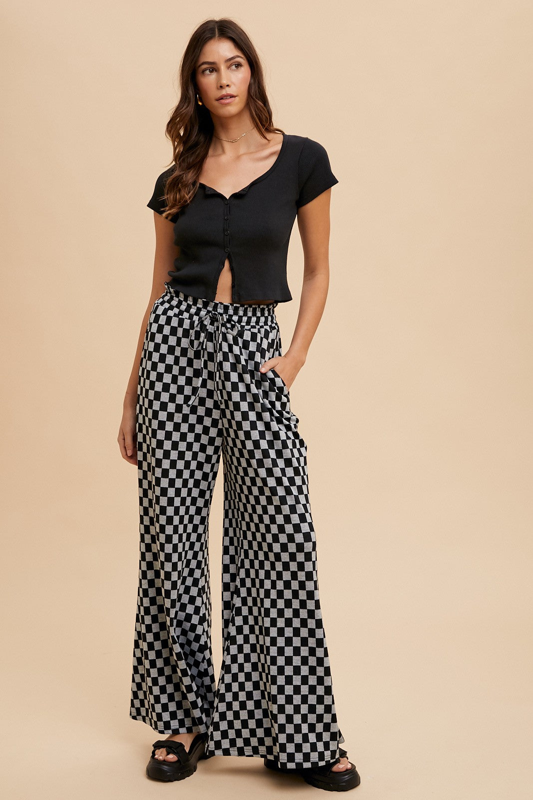 Checkerboard Wide Leg Knit Palazzo Pants