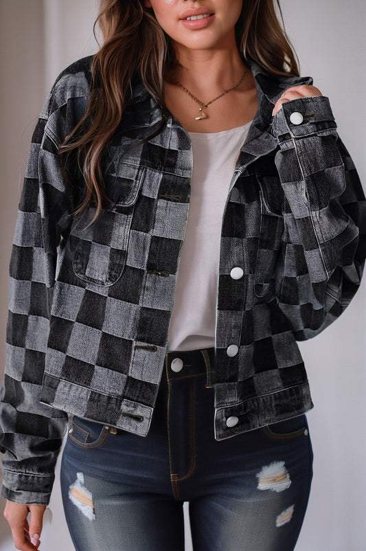 Black Checkered Denim Jacket