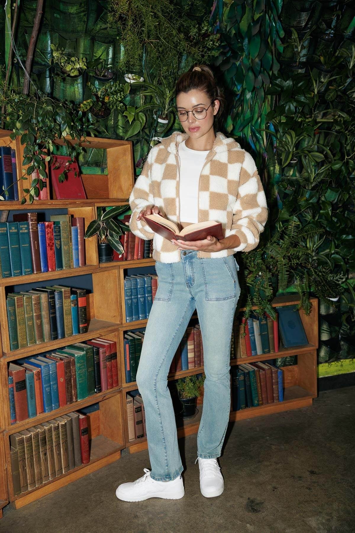 Checkered Flag Sherpa Jacket Tan