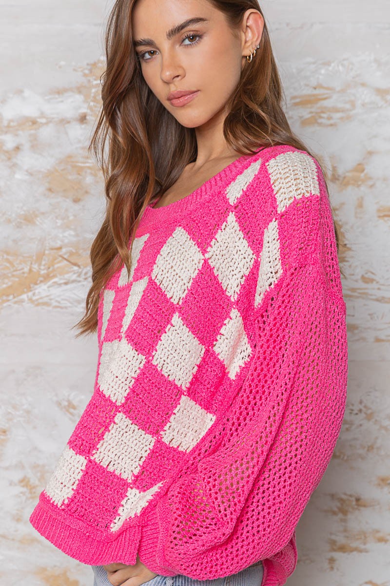Checkered Hot Pink color block sweater