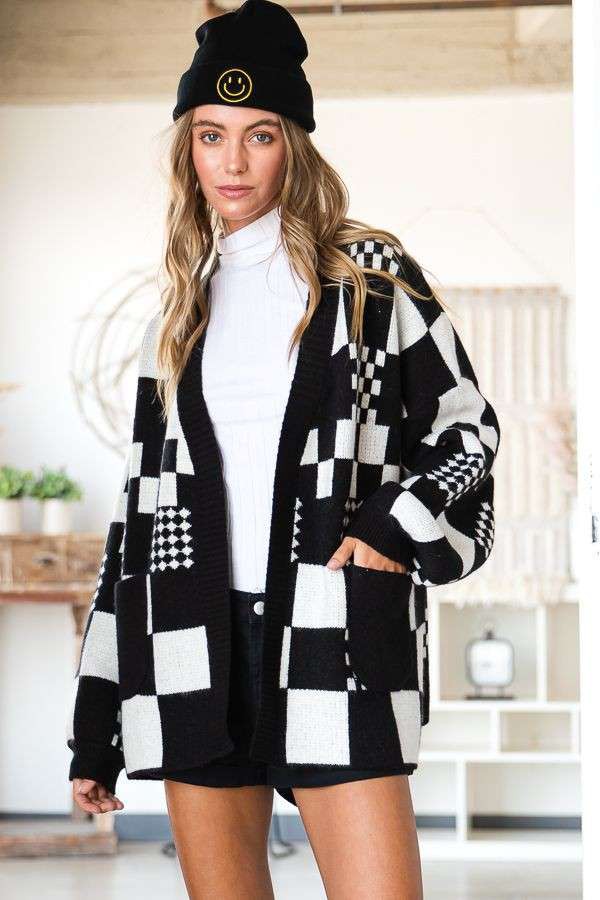 Block Check Open Knit Cardigan