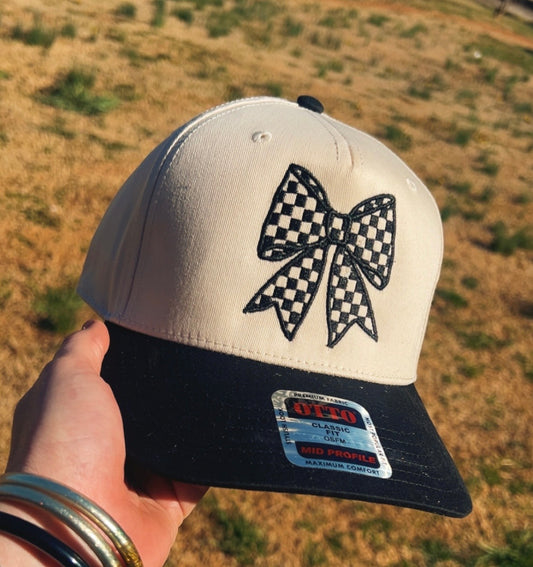 Checkered Bow Embroidered Hat