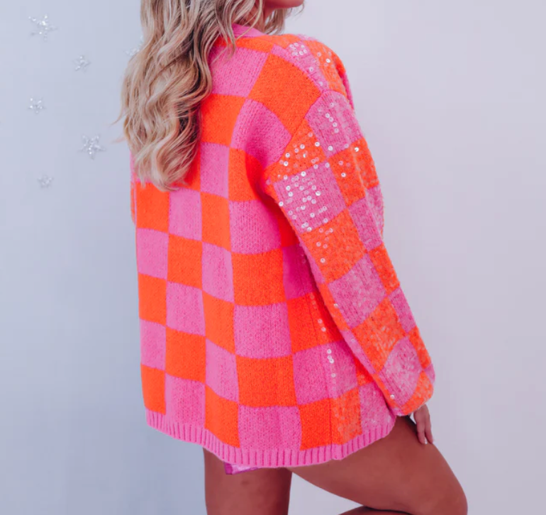 Sequined Checker Sweater Cardigan