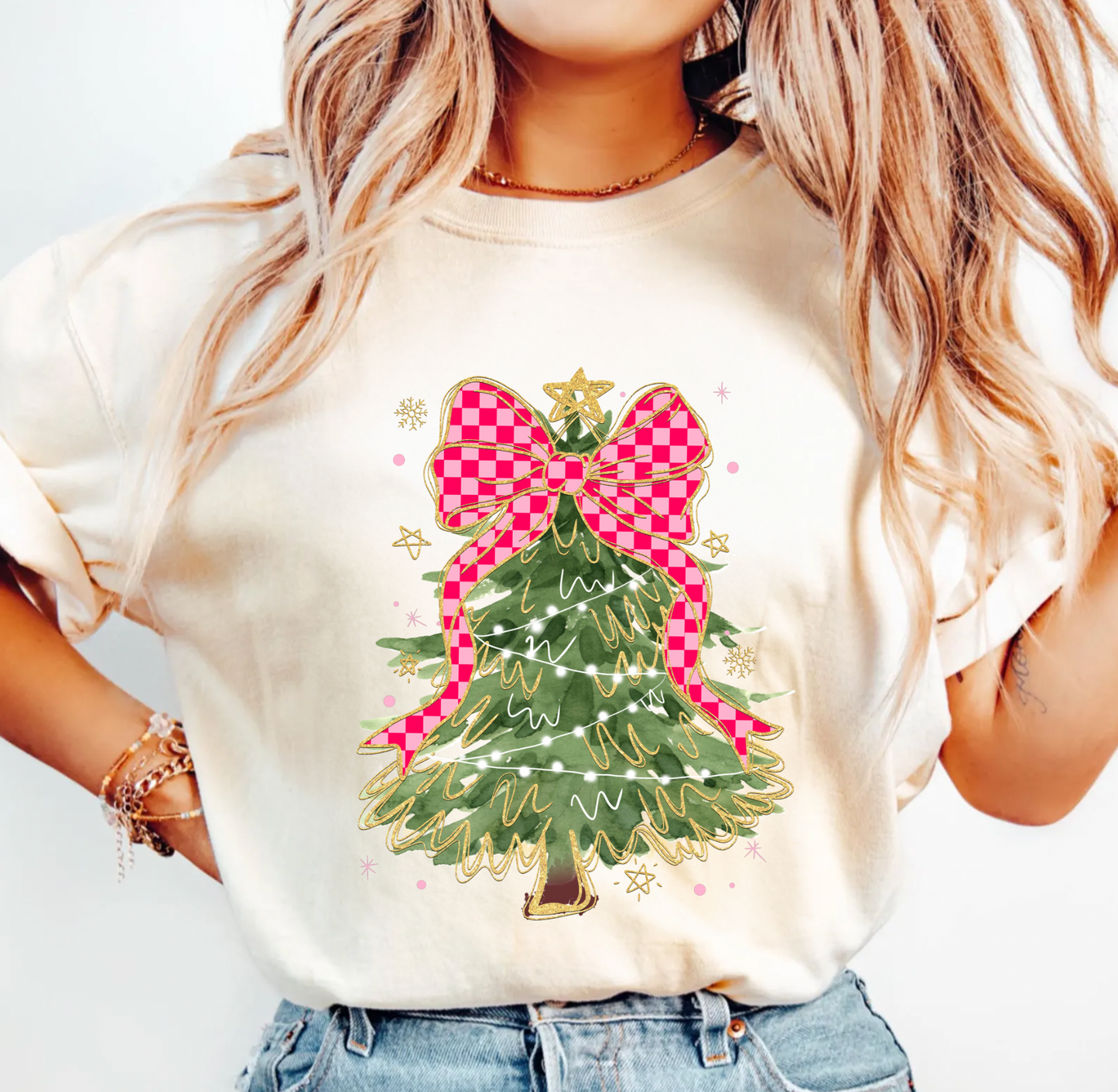 Checkered Bow Christmas Tree T-Shirt