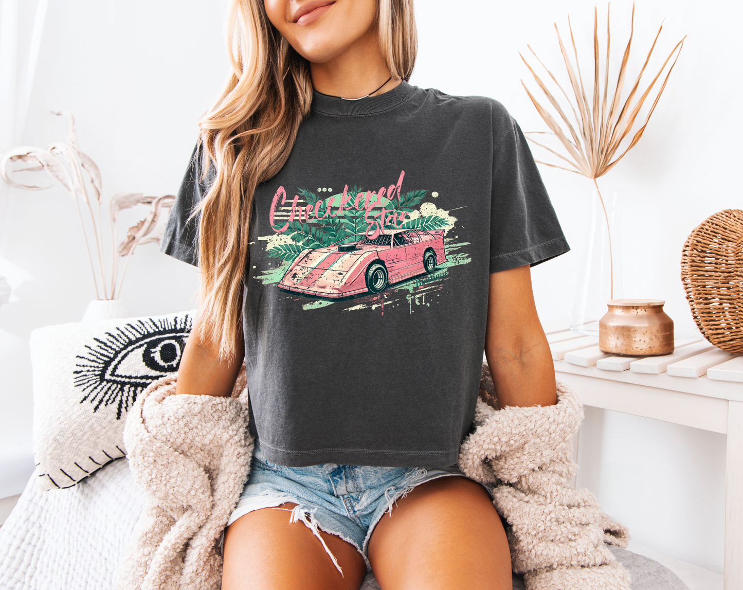 Checkered Star Retro Late Model Crop T-Shirt