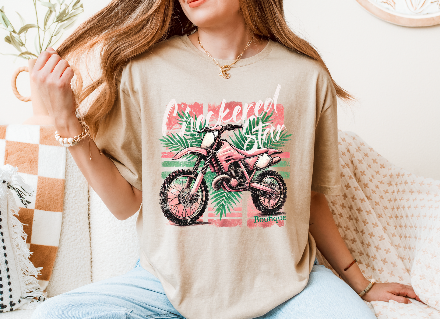 Checkered Star Retro Dirt Bike T-Shirt