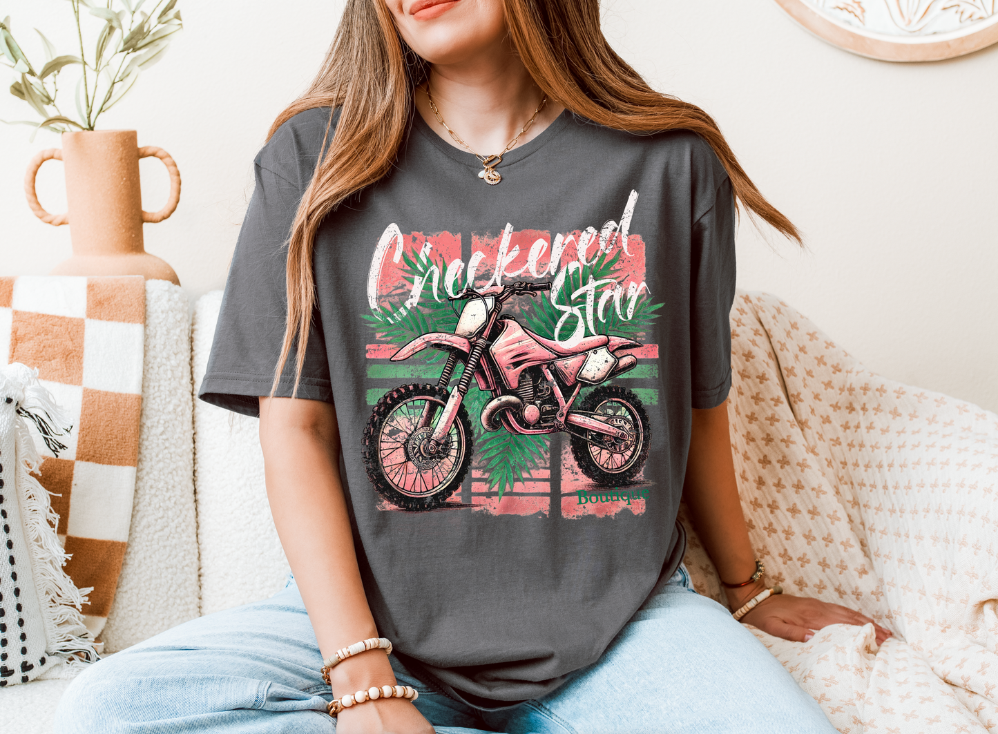 Checkered Star Retro Dirt Bike T-Shirt