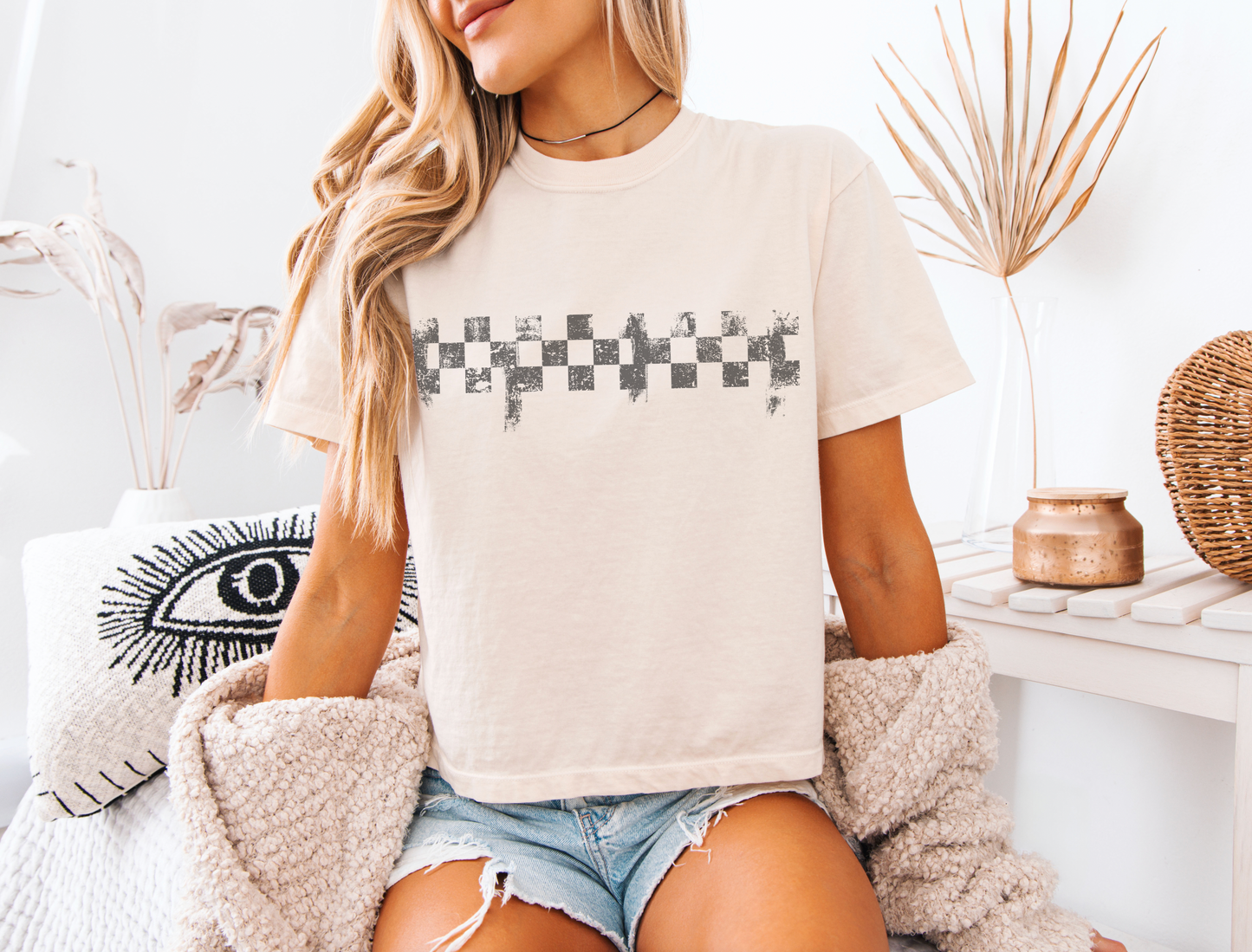 Distressed Checkered Crop T-shirt