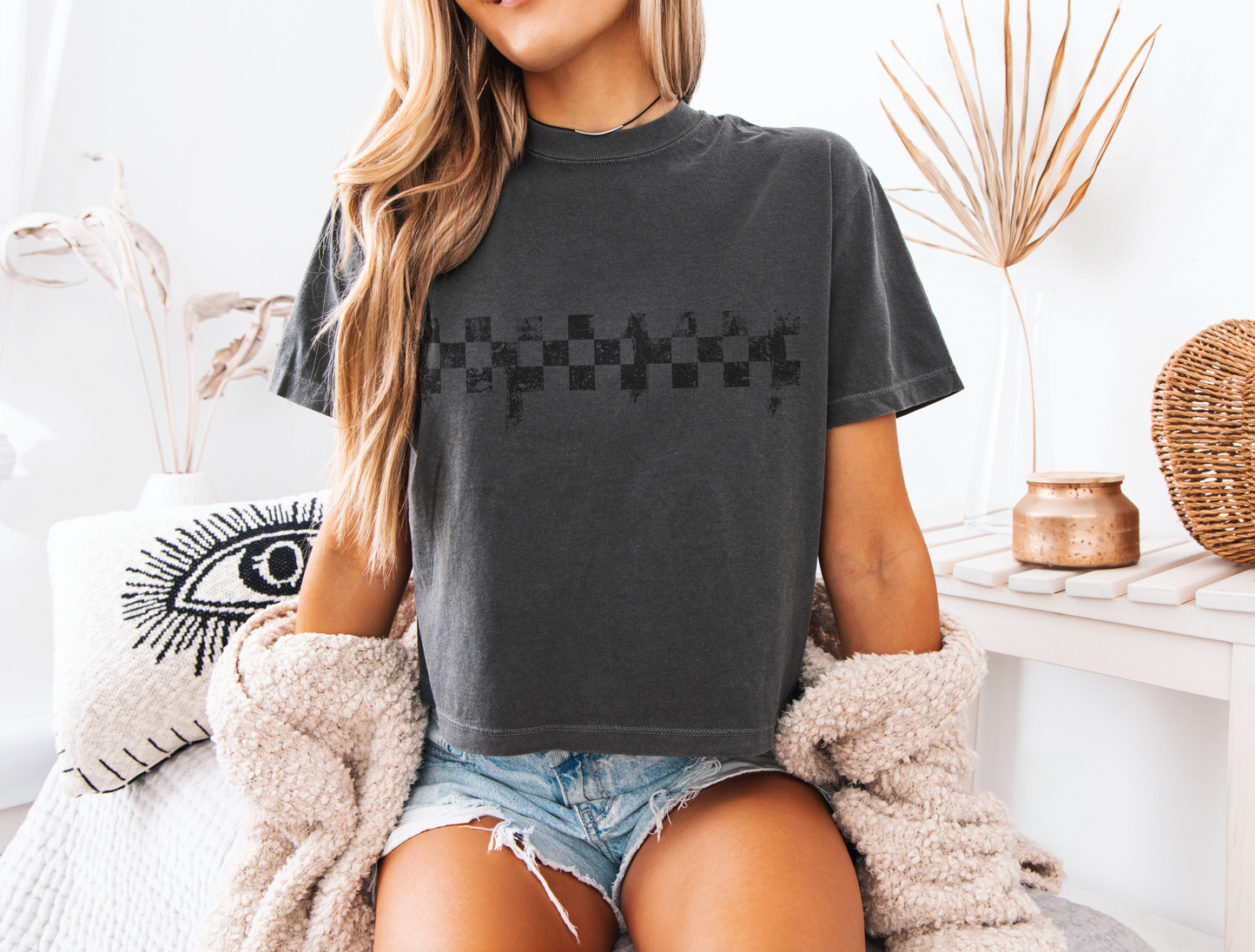 Distressed Checkered Crop T-shirt