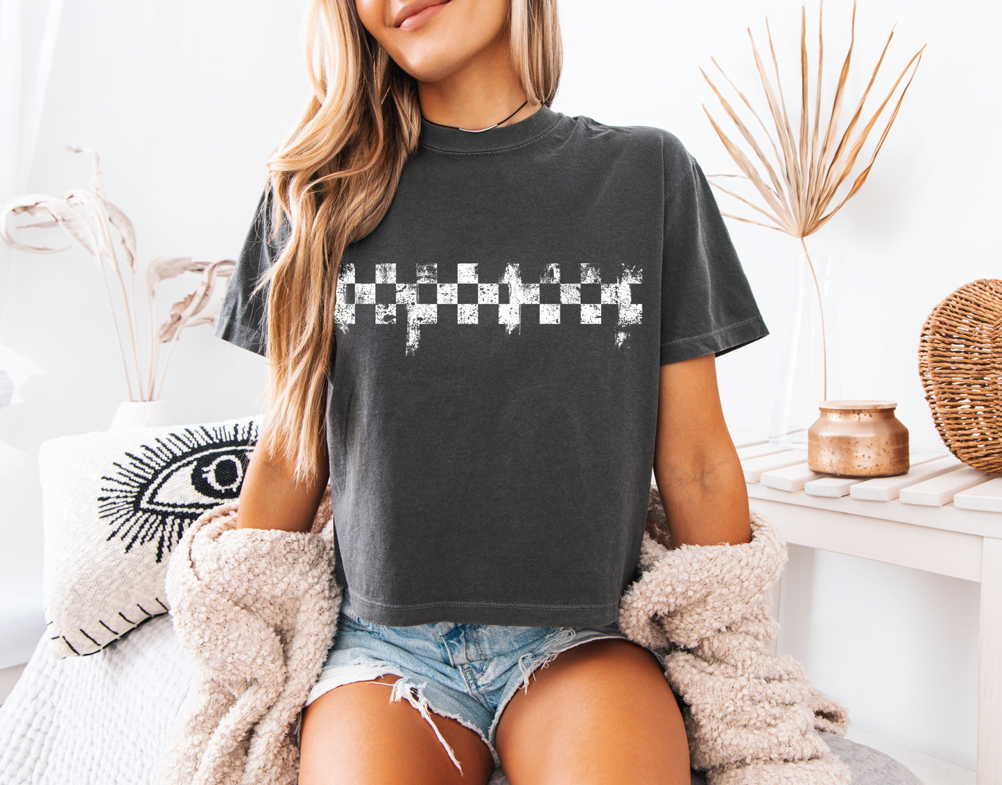 Distressed Checkered Crop T-shirt