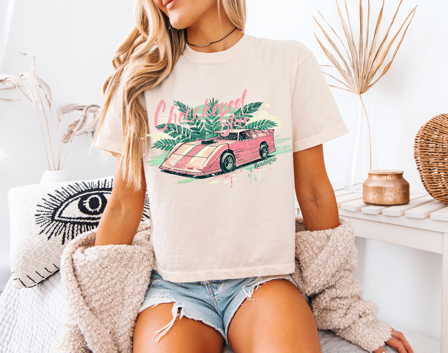 Checkered Star Retro Late Model Crop T-Shirt