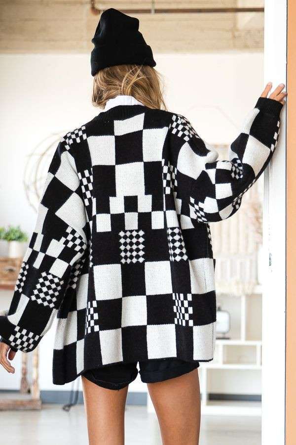 Block Check Open Knit Cardigan