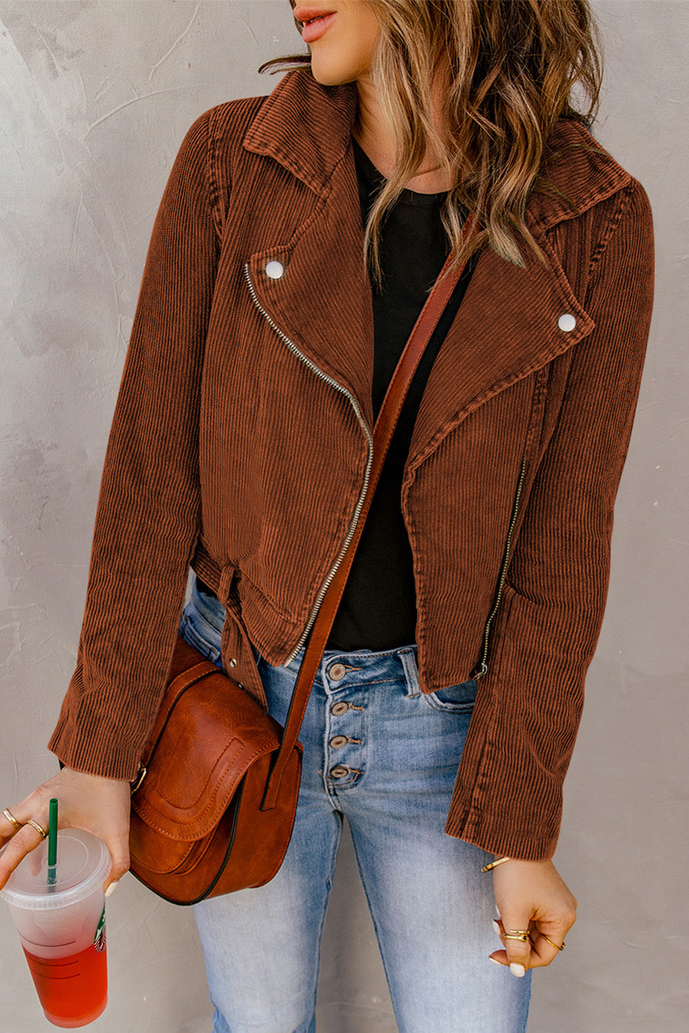 Belted Zip-Up Corduroy Jacket