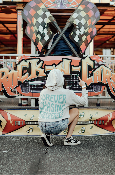 "Forever Chasing Checkereds" Tan Crop Hoodie