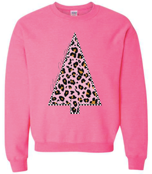 Pink Leopard Christmas Tree Crewneck